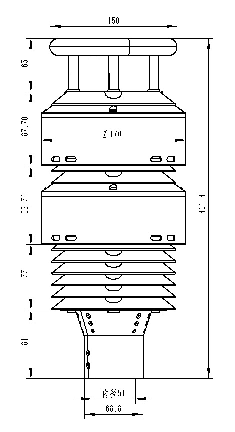 Dimensional drawing of integrated negative oxygen ion sensor product